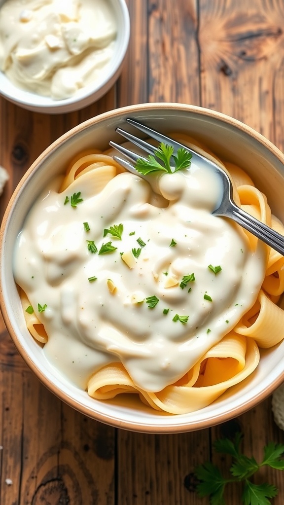 Creamy garlic cream cheese sauce over pasta, garnished with parsley on a rustic table.